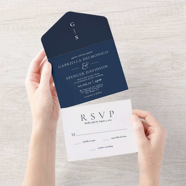 Invitation Tout En Un Mariage blanc bleu marine moderne (Déchirure)