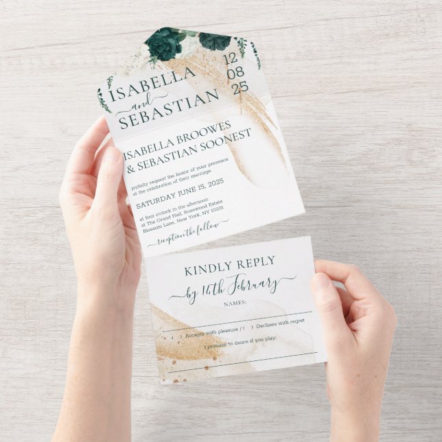 Invitation Tout En Un Mariage Blanc Réponse aimable Rose Émeraude Verte (Déchirure)