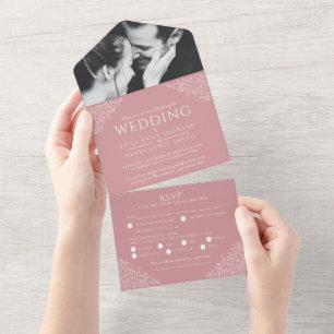 Invitation Tout En Un Mariage blanc rose pâle feuille photo repas RSVP