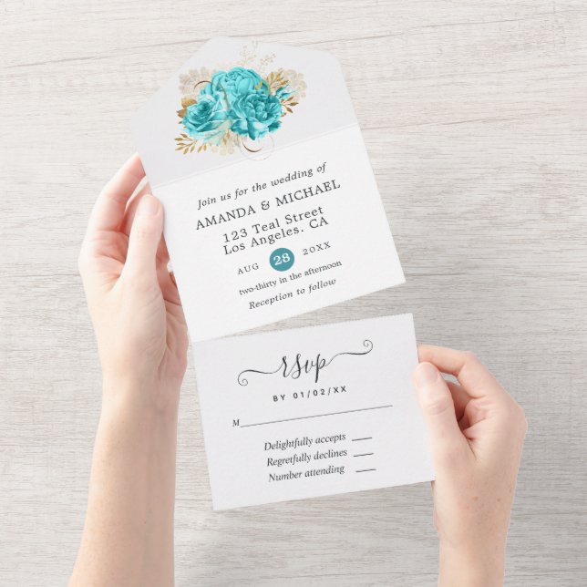 Invitation Tout En Un Mariage bleu Aqua et or Floral (Déchirure)
