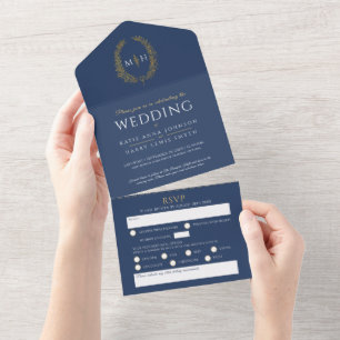Invitation Tout En Un Mariage bleu blanc or ovale feuilles monogramme to