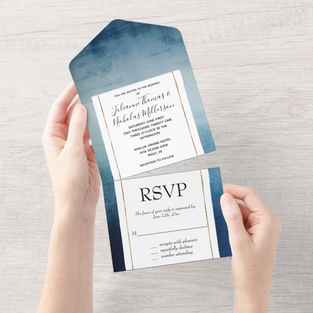 Invitation Tout En Un Mariage bleu chic (Déchirure)