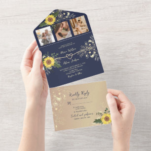 Invitation Tout En Un Mariage bleu de la marine Sunflower Boho