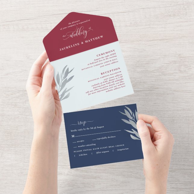Invitation Tout En Un Mariage Bleu et Bourgogne moderne avec RSVP perfor (Déchirure)