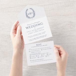 Invitation Tout En Un Mariage bleu foncé blanc ovale feuille monogramme