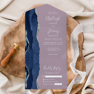 Invitation Tout En Un Mariage bleu marine argent agate mauve