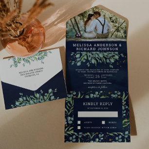 Invitation Tout En Un Mariage bleu marine aux feuilles de eucalyptus ver