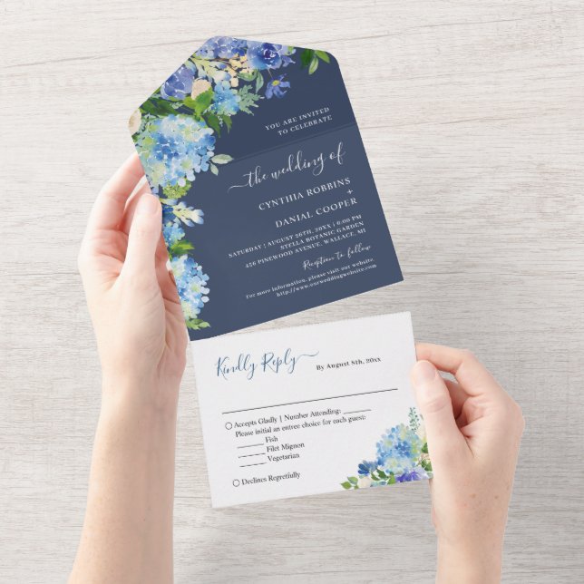 Invitation Tout En Un Mariage bleu marine Botanique Hydrangea Fleurs (Déchirure)