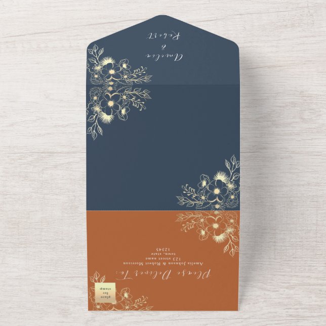 Invitation Tout En Un Mariage bleu marine et terre cuite (Dehors)
