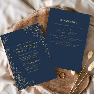 Invitation Tout en un Mariage bleu marine Gold minimal feuill