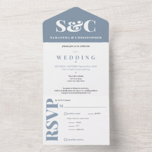 Invitation Tout En Un Mariage bleu monogramme élégant et abordable