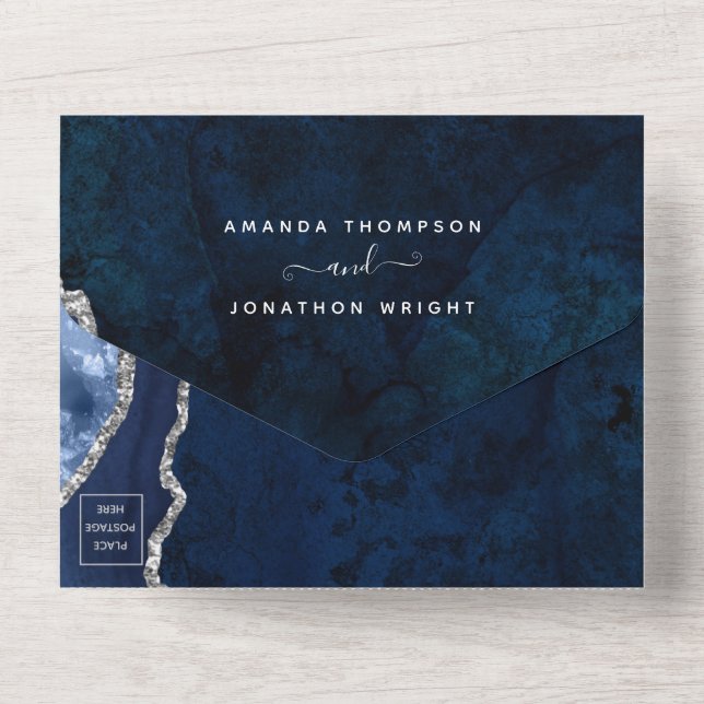 Invitation Tout En Un Mariage Bleu Nuit et Agate Argentée (Verso)