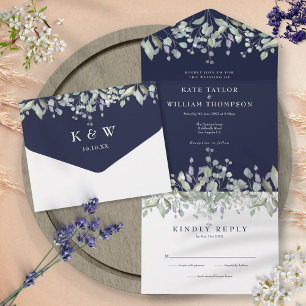 Invitation Tout En Un Mariage Bleu Nuit Sage Et Lilas Floral Monogramme