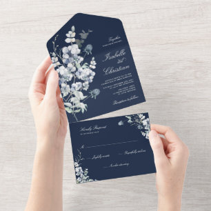 Invitation Tout En Un Mariage Bleu Poussiéreux Fleurs Sauvages et Feuill