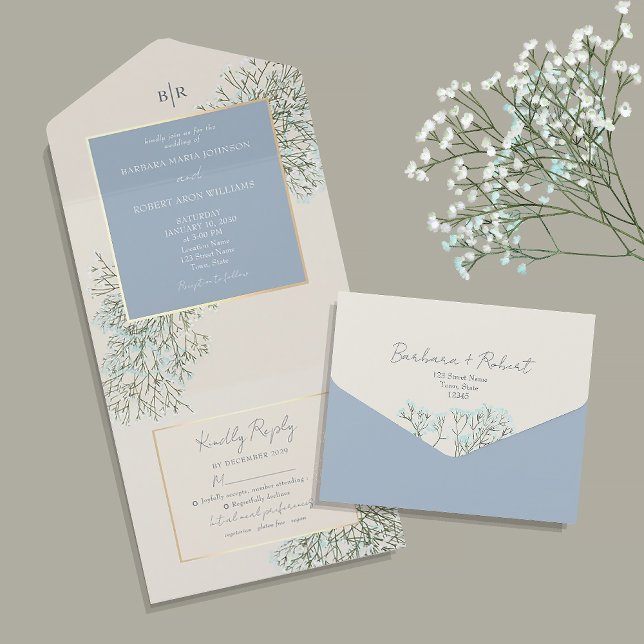Invitation Tout En Un Mariage Bleu Poussiéreux Rustique (Créateur téléchargé)
