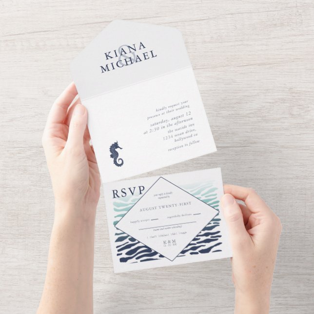 Invitation Tout En Un Mariage Blue Wave Seahorse ID836 (Déchirure)