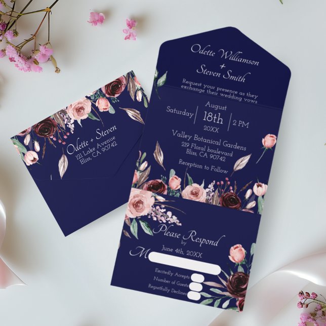 Invitation Tout En Un Mariage Blush rose et Bourgogne Floral Navy Bleu (Wedding Blush Pink and Burgundy Floral Navy Blue All In One Invitation)