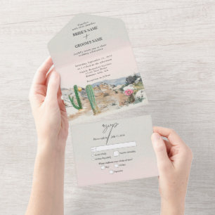 Invitation Tout En Un Mariage bohème au cactus du désert à l'aquarelle
