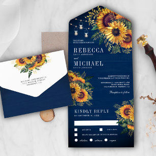 Invitation Tout En Un Mariage Bohème Champêtre Bleu Nuit Bois Tournesols