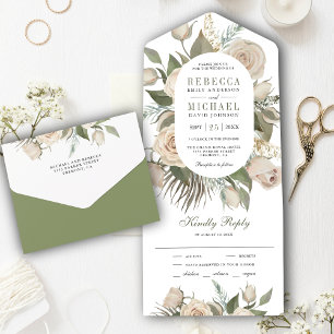 Invitation Tout En Un Mariage Bohème Champêtre Roses Ivoire Feuilles Ver