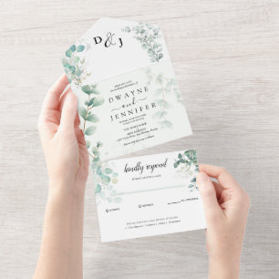 Invitation Tout En Un Mariage bohème d'été avec eucalyptus verdoyant