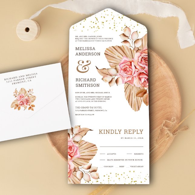 Invitation Tout En Un Mariage Bohème Rustique Palmier Séché Terreux Rose (Créateur téléchargé)