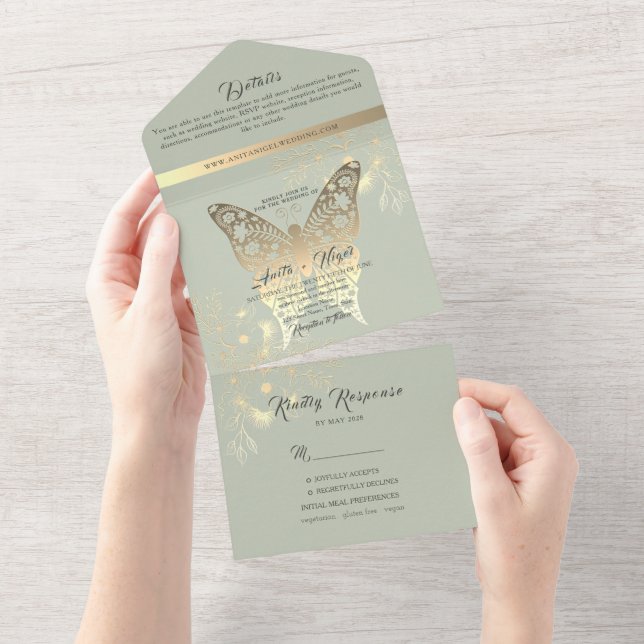 Invitation Tout En Un Mariage Bohème Vert Sauge (Déchirure)
