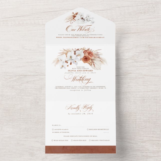 Invitation Tout En Un Mariage Boho exotique en terre cuite et fleurs bla (À l'intérieur)