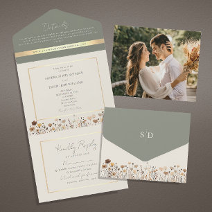 Invitation Tout En Un Mariage Boho Fleur sauvage Sage Green