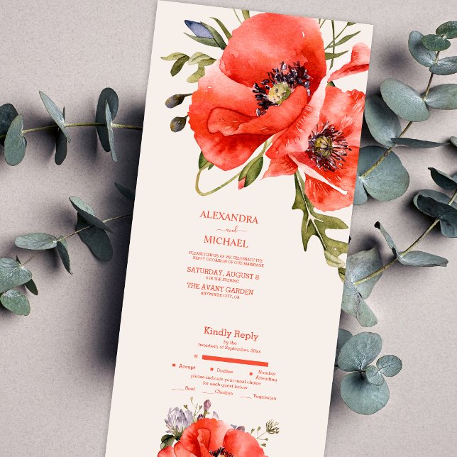 Invitation Tout En Un Mariage Boho Neutral Aquarelle Poppies (Créateur téléchargé)