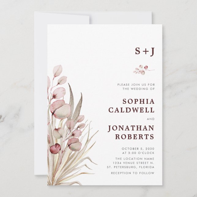 Invitation Tout en Un Mariage Boho Rose Eucalyptus Palmier Sé (Devant)