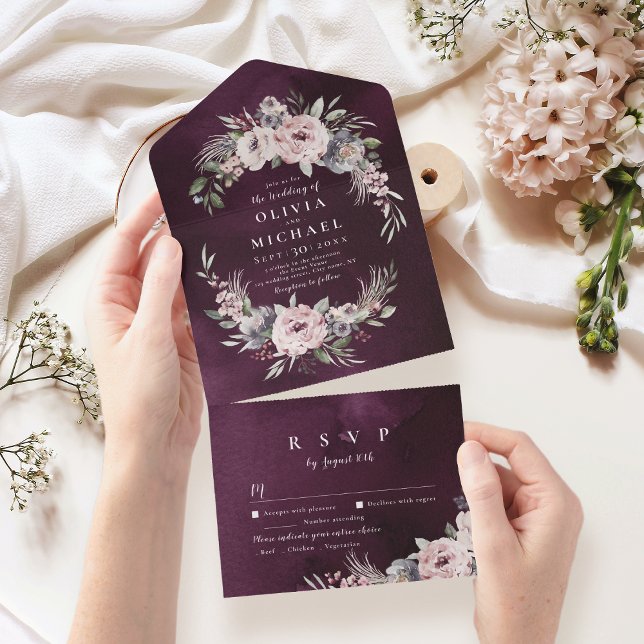Invitation Tout En Un Mariage boho rustique violet couleur rose pastel (Purple pink watercolor floral rustic boho wedding all in one invitation)