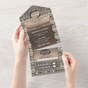 Invitation Tout En Un Mariage Bois Gris Cuivre Dentelle Crème Antique