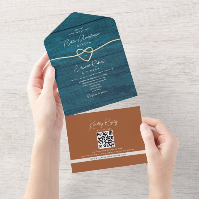 Invitation Tout En Un Mariage Bois Rustique Sarcelle et Terracotta (Déchirure)
