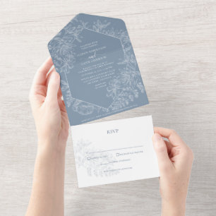 Invitation Tout En Un Mariage botanique bleu Dusty