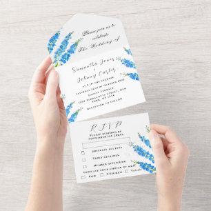 Invitation Tout En Un Mariage botanique de Delphinium bleu
