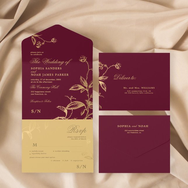 Invitation Tout En Un Mariage botanique d'or bordeaux (Créateur téléchargé)