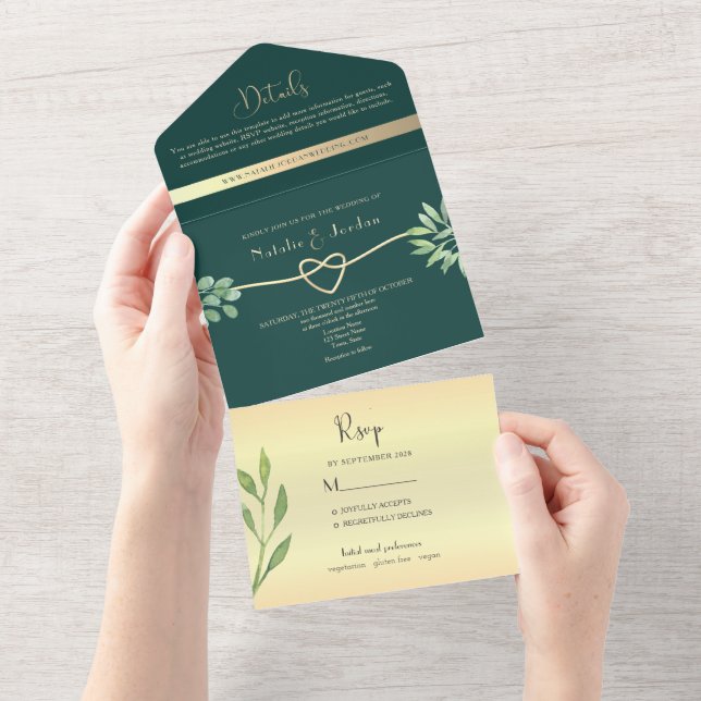 Invitation Tout En Un Mariage botanique Emerald Green (Déchirure)