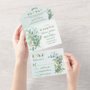Invitation Tout En Un Mariage botanique Eucalyptus et Gold Fern