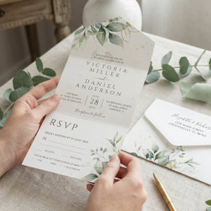 Invitation Tout En Un Mariage botanique feuilles d'or de verdure d'eucal