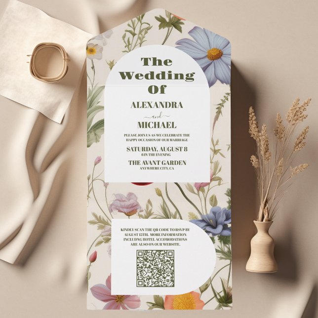 Invitation Tout En Un Mariage botanique Fleur sauvage de code QR (Créateur téléchargé)