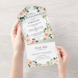 Invitation Tout En Un Mariage botanique géométrique rose pâle