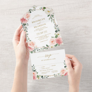 Invitation Tout En Un Mariage botanique géométrique rose pâle