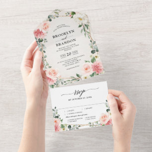 Invitation Tout En Un Mariage botanique géométrique rose pâle