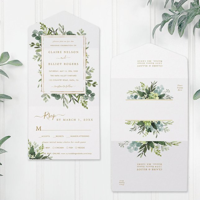 Invitation Tout En Un Mariage Botanique Gold Greenery (Front & Back)