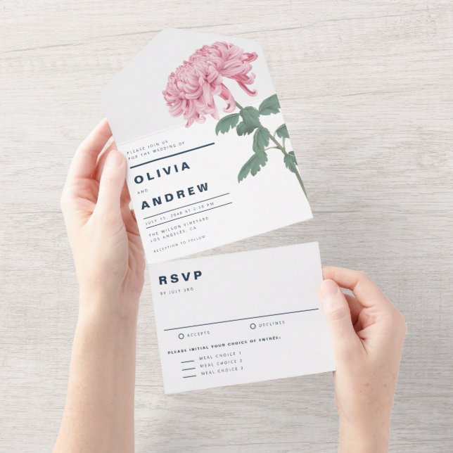 Invitation Tout En Un Mariage botanique rose Chrysanthemum (Déchirure)