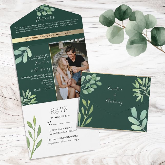 Invitation Tout En Un Mariage Botanique Vert Émeraude (Créateur téléchargé)