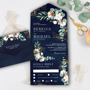 Invitation Tout En Un Mariage Branche d'Eucalyptus en Coton Bleu Marine 