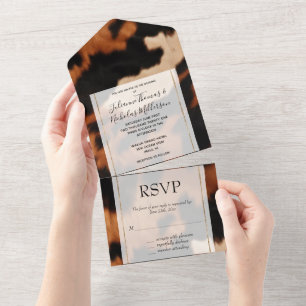 Invitation Tout En Un Mariage Brown de vache à crème noire
