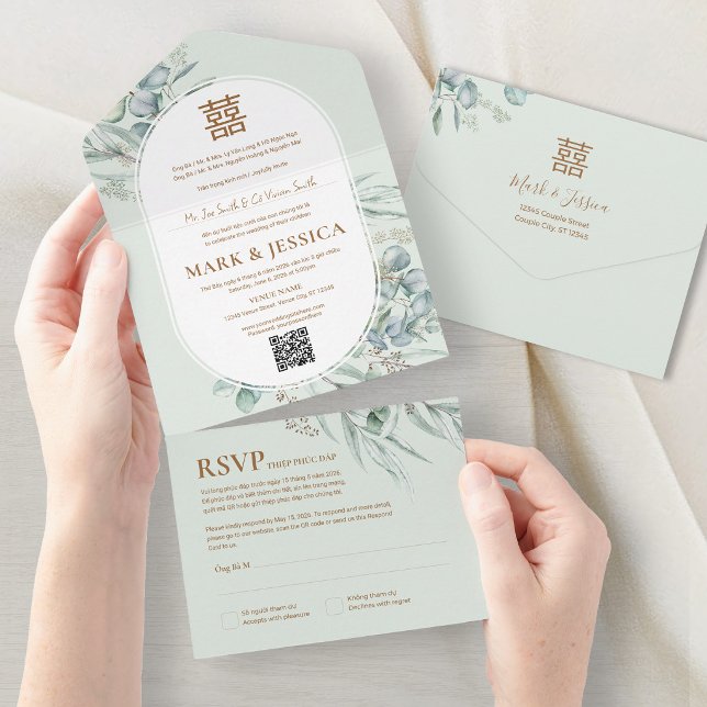 Invitation Tout En Un Mariage Cadre Rond en Eucalyptus Vietnamien (Créateur téléchargé)